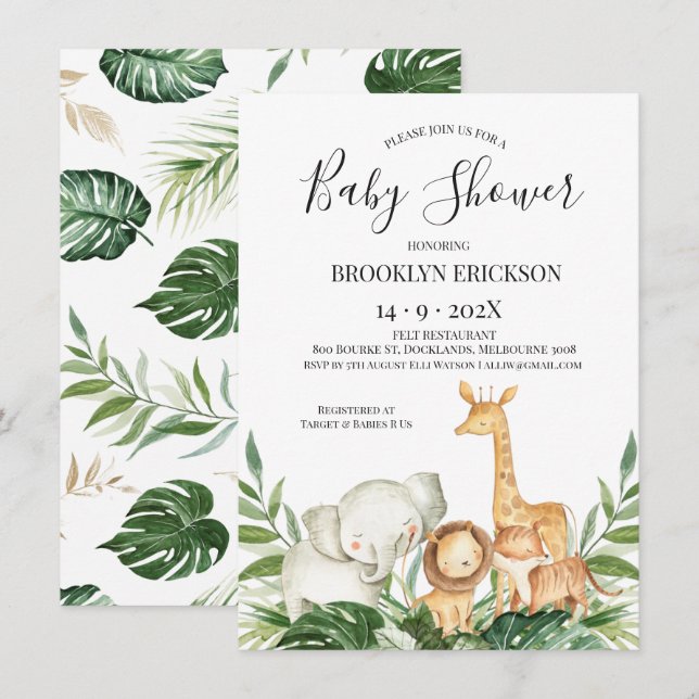 Invitación Foliage de Safari Animals Baby Shower (Anverso / Reverso)