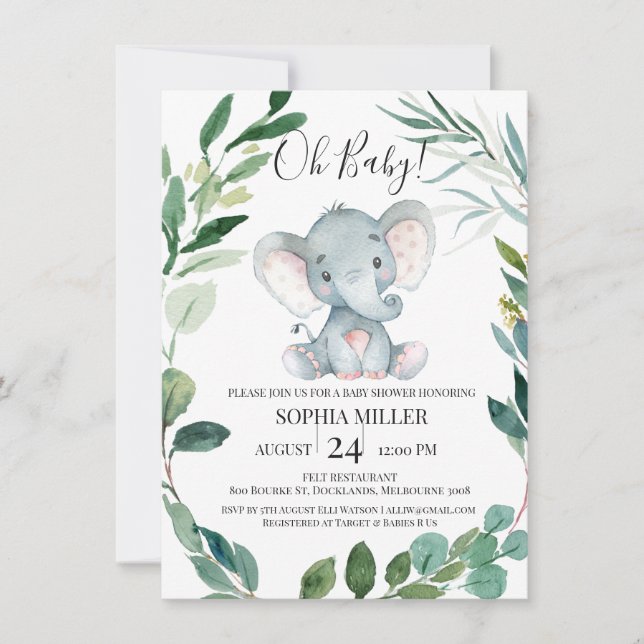 Invitación Foliage del Elefante Safari Wreath Baby Shower (Anverso)