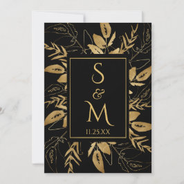 Invitación Foliage dorado | Elegante Boda negro de oro