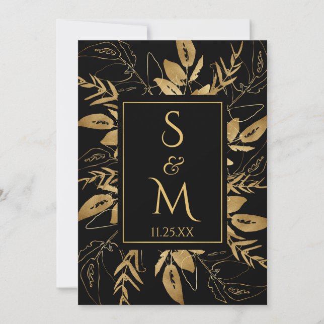 Invitación Foliage dorado | Elegante Boda negro de oro (Anverso)