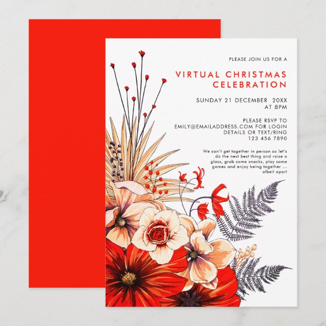 Invitación Foliage floral Berries Fiesta de Navidades virtual (Anverso / Reverso)