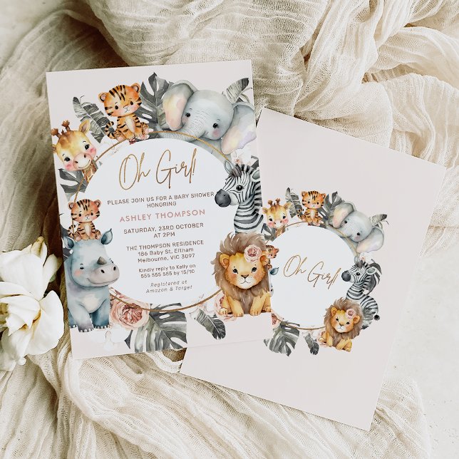 Invitación Foliage floral de Boho Rubor Safari Baby Shower (Girls safari baby shower invitation featuring various jungle animals surrounding a circle frame.)