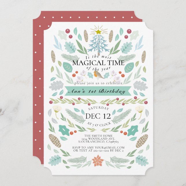 Invitación Foliage floral de invierno Chrismtas primer cumple (Anverso / Reverso)