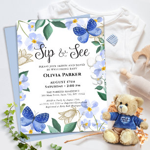 Invitación Foliage floral de mariposa azul niño SIP y VER