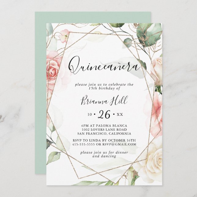 Invitación Foliage floral de oro verde geométrico Quinceañera (Anverso / Reverso)