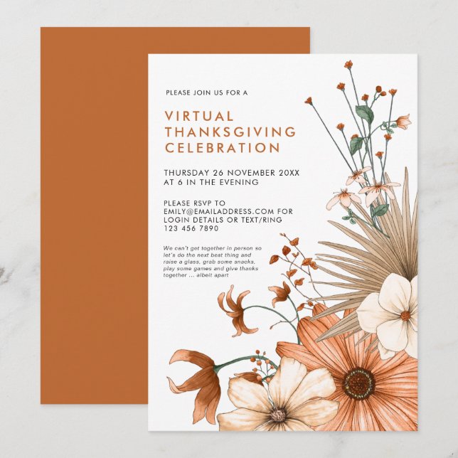 Invitación Foliage floral de otoño cena virtual de Acción de  (Anverso / Reverso)
