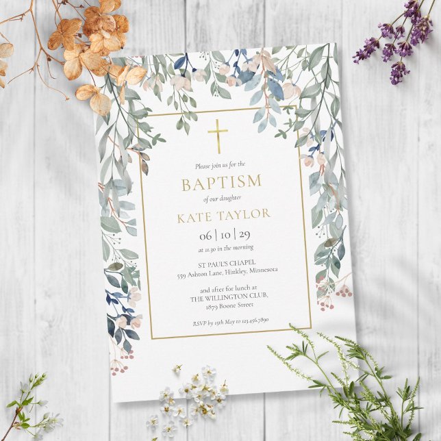 Invitación Foliage Floral Elegante Baptismo Oro Christening (Subido por el creador)