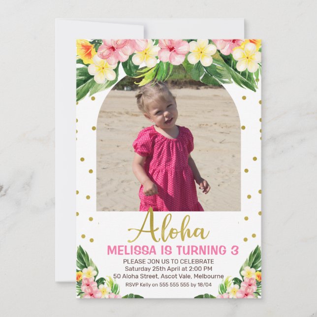 Invitación Foliage floral Gold Aloha con arcos de foto cumple (Anverso)