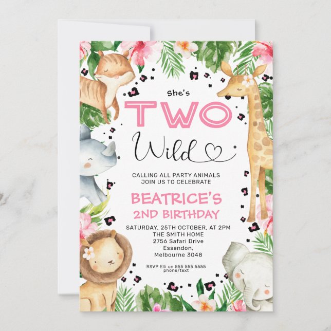 Invitación Foliage floral Heart Font Safari Dos cumpleaños sa (Anverso)