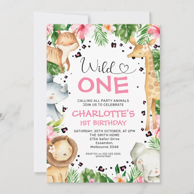 Invitación Foliage floral Heart Font Safari Wild Un cumpleaño (Anverso)