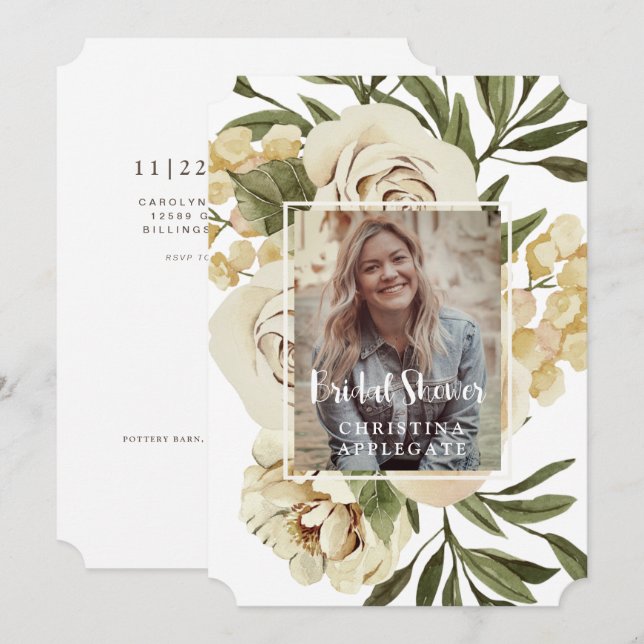 Invitación Foliage & Floral Photo Bridal Shower Ticket (Anverso / Reverso)