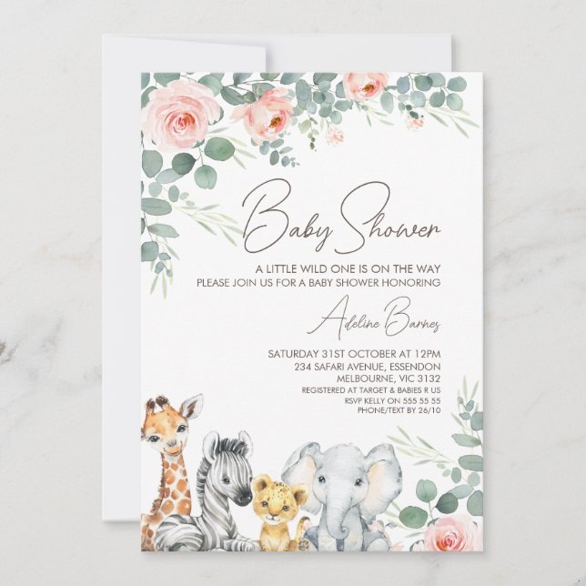 Invitación Foliage floral rosa Safari Wild One Baby Shower (Anverso)