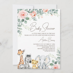 Invitación Foliage floral rosa Safari Wild One Baby Shower
