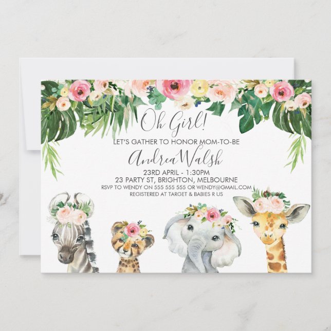 Invitación Foliage floral Safari Animals Baby Shower (Anverso)
