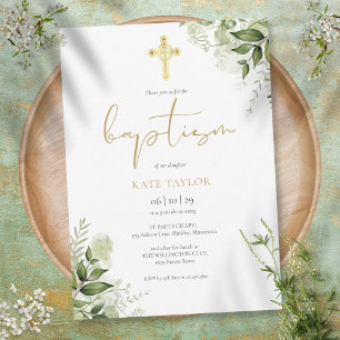 Invitación Foliage floral verde acuarela oro Bautizo