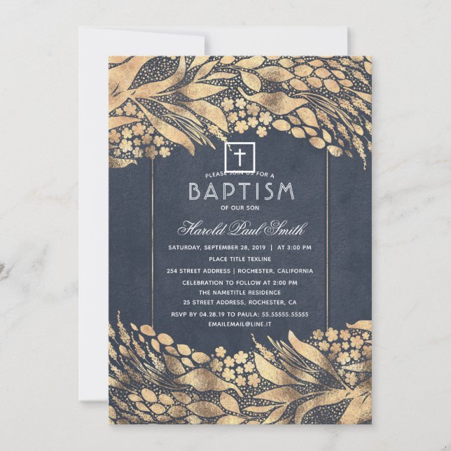 Invitación Foliage Gold Elegant Navy Baptismo Azul (Anverso)