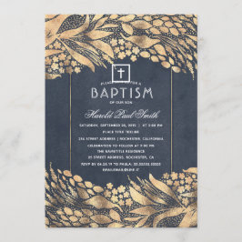 Invitación Foliage Gold Elegant Navy Baptismo Azul