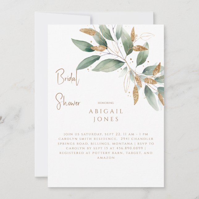 Invitación Foliage Gold y Green Elegante Ducha Bridal (Anverso)