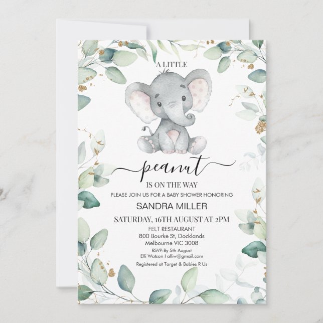 Invitación Foliage Green Gold Elephant Peanut Baby Shower (Anverso)