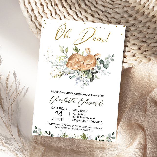 Invitación Foliage Green Oh Deer Baby Shower (Oh Deer Baby Shower Invitation Gender Neutral, Greenery Foliage Deer Fawn Baby Shower Invitation)