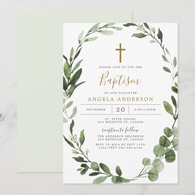 Invitación Foliage Greenereneration Baptism/Christening Invit (Anverso / Reverso)