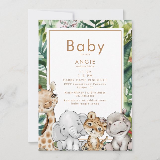 Invitación Foliage Jungle Animal Baby Shower (Anverso)