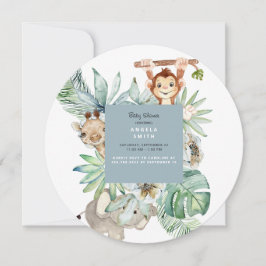 Invitación Foliage Jungle Animals Dusty Blue Baby Round