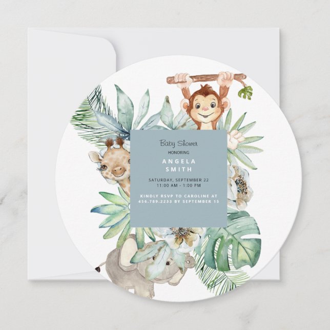 Invitación Foliage Jungle Animals Dusty Blue Baby Round (Anverso)