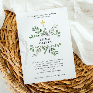 Invitación Foliage minimalista   Bautismo con cruz de oro