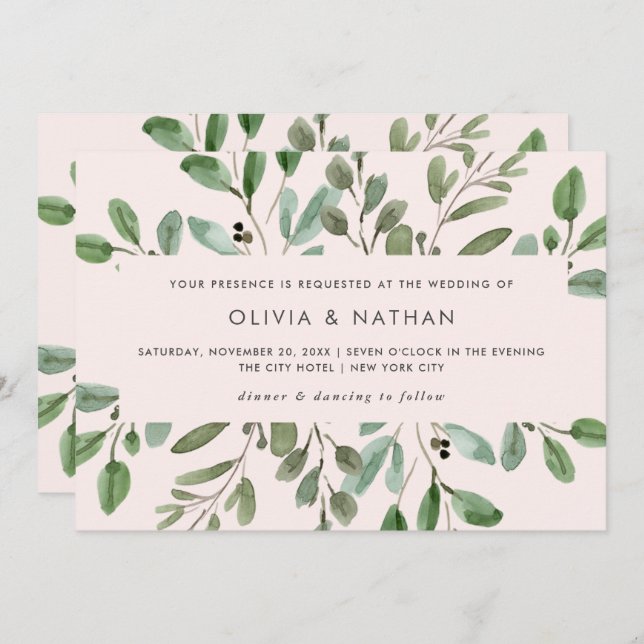 Invitación Foliage minimalista Rubor Pink | Boda (Anverso / Reverso)