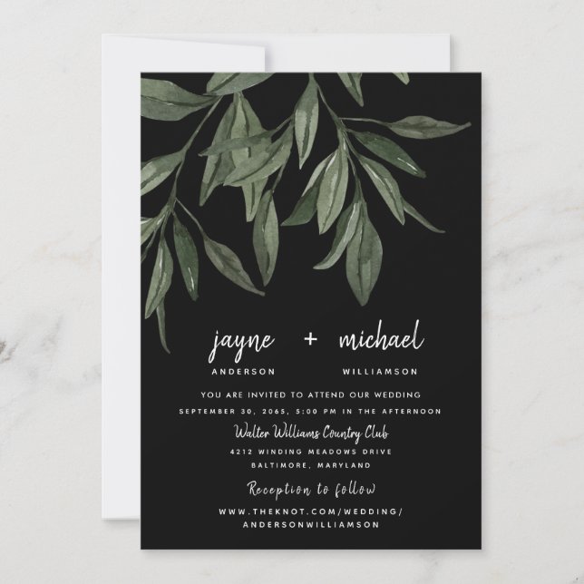 Invitación Foliage Modern Font Black Website Boda (Anverso)