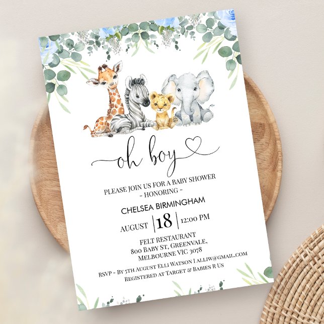 Invitación Foliage moderno Blue Floral Safari Baby Shower (Blue Floral Boys Safari Baby Shower Invitation, Oh Boy Heart, Editable Boy Safari Baby Shower Invite)