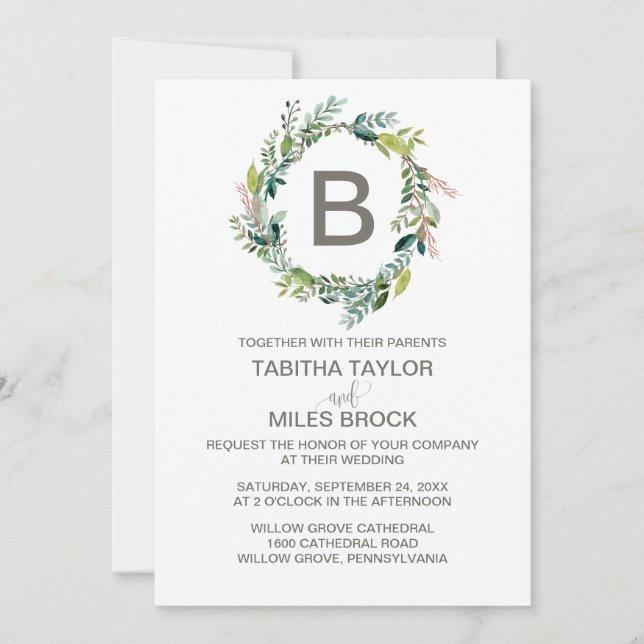Invitación Foliage Monogram Wreath Boda (Anverso)