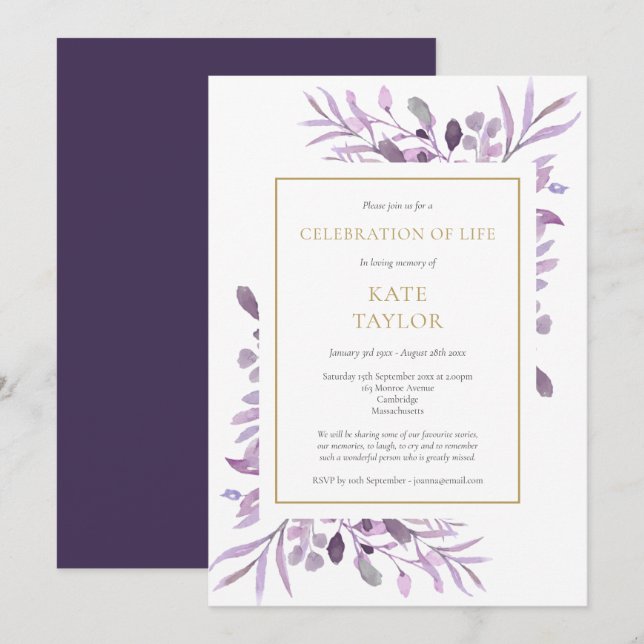 Invitación Foliage morado: Celebración del funeral de la vida (Anverso / Reverso)