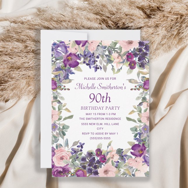 Invitación Foliage morado floral rosa Rubor 90 cumpleaños (Subido por el creador)
