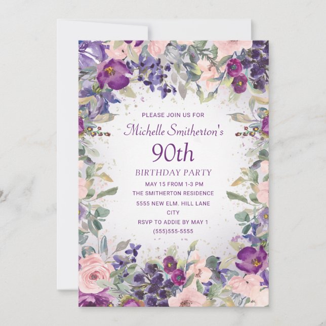 Invitación Foliage morado floral rosa Rubor 90 cumpleaños Inv (Anverso)