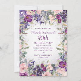 Invitación Foliage morado floral rosa Rubor 90 cumpleaños Inv