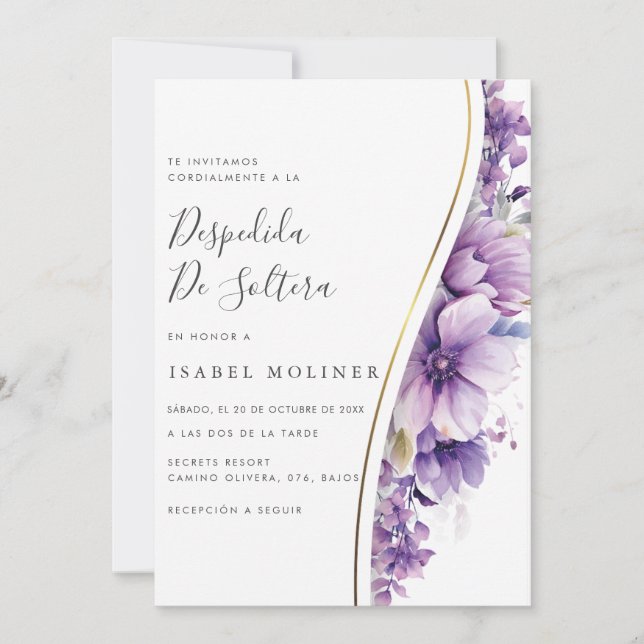 Invitación Foliage morado Oro Ducha de Novia Española (Anverso)