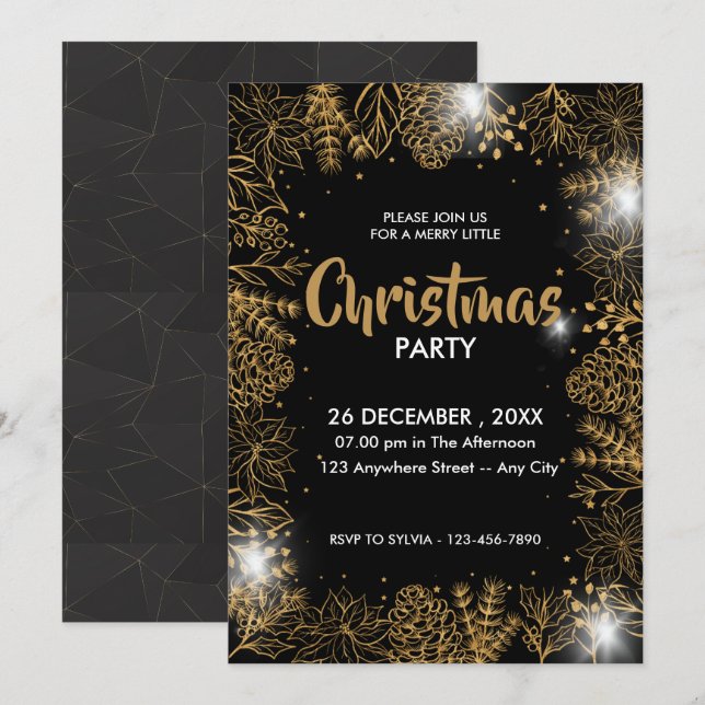 Invitación Foliage negro y oro Fiesta navideño (Anverso / Reverso)