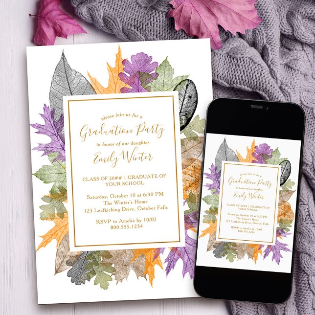 Invitación Foliage otoño deja la graduación del guión de oro (Fall Grad Party Invitation with autumn leaves to order printed or as a printable download)