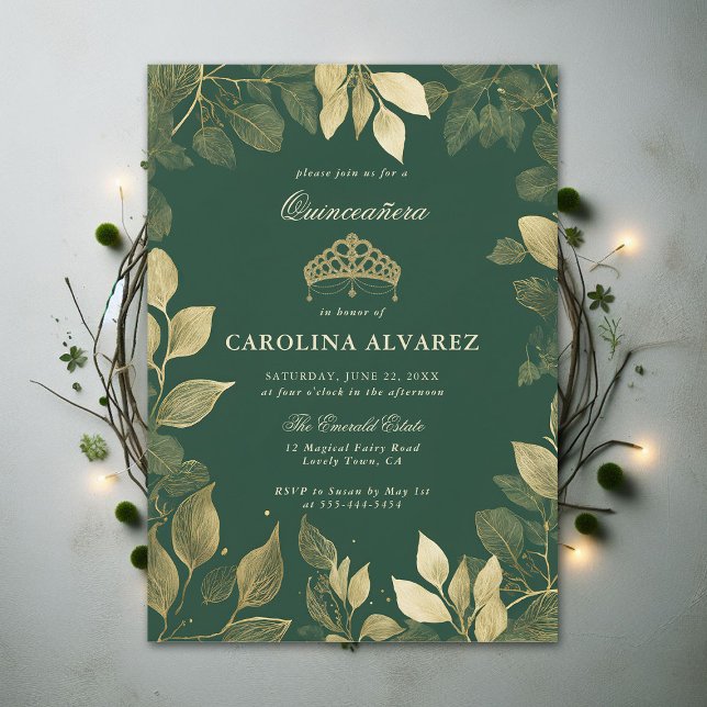 Invitación Foliage Quinceanera (enchanted forest quinceanera green invitation faux gold foliage elegant modern chic theme)