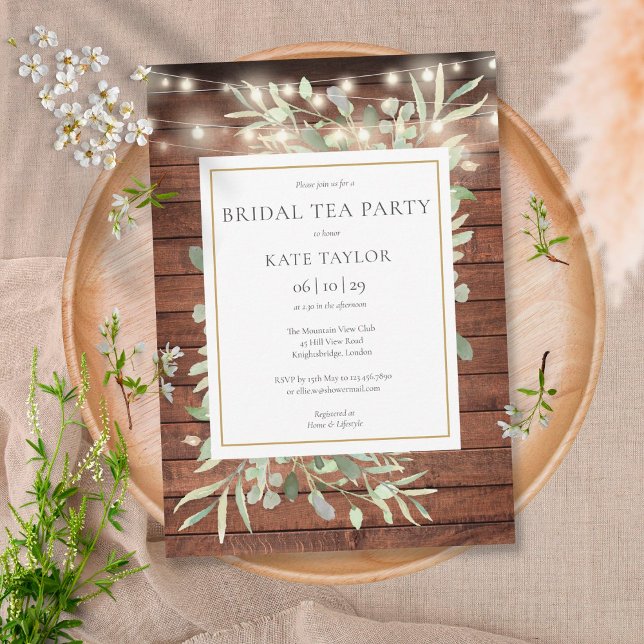 Invitación Foliage Rustic Wood String enciende Bridal Tea Fie (Subido por el creador)