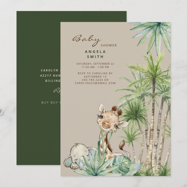 Invitación Foliage Tropical Baby Animals Baby Shower (Anverso / Reverso)
