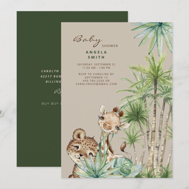 Invitación Foliage Tropical Baby Animals II Baby Shower (Anverso / Reverso)