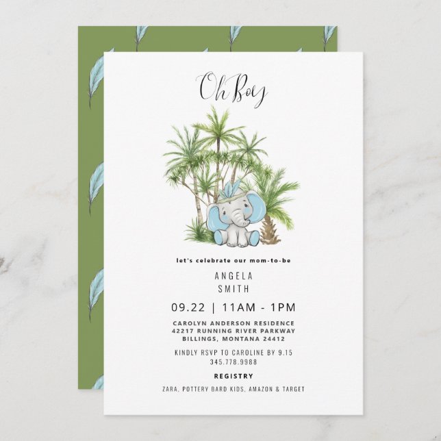 Invitación Foliage Tropical Cute Elephant Boho Oh Boy (Anverso / Reverso)