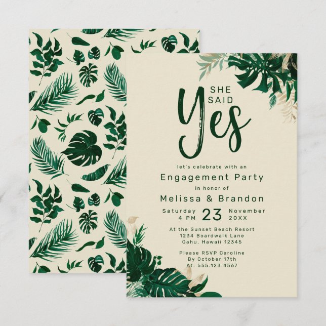 Invitación Foliage Tropical Dijo Sí Partido Compromiso (Anverso / Reverso)