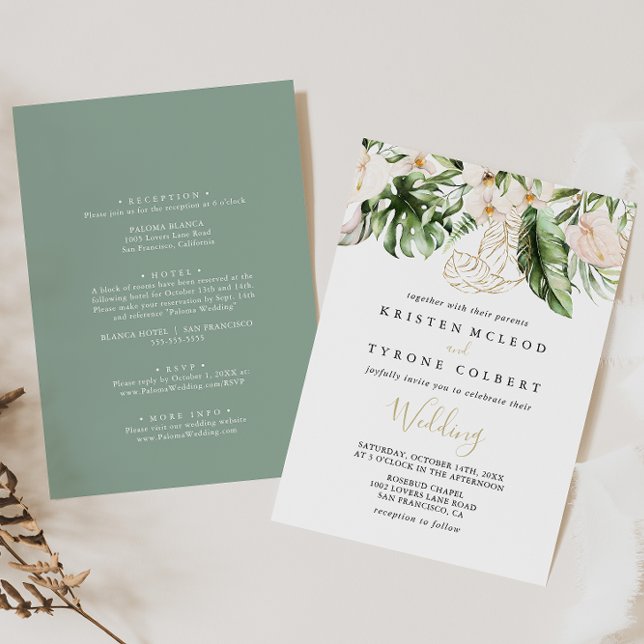 Invitación Foliage Tropical Dorado Frente Floral y Boda poste (Subido por el creador)