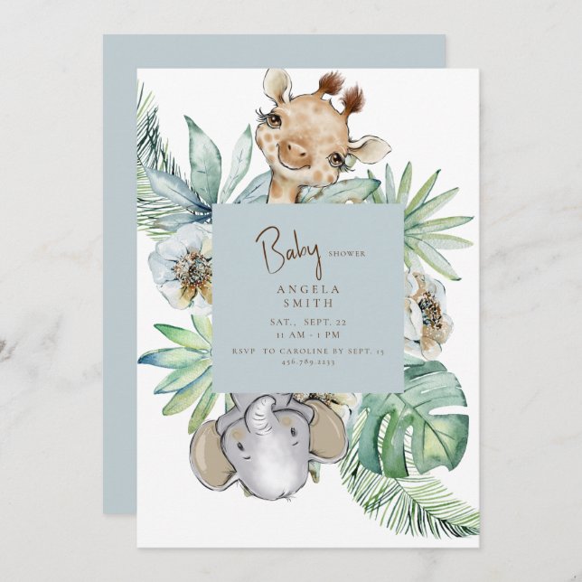 Invitación Foliage Tropical Dusty Blue Jungle Baby Shower (Anverso / Reverso)