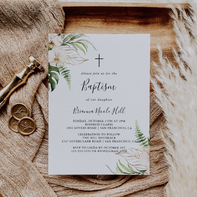 Invitación Foliage Tropical Gold Baptismo Floral (Subido por el creador)