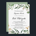 Invitación Foliage Tropical Gold Green Bat Mitzvah<br><div class="desc">Esta invitación a la mitzvah de murciélago verde dorado tropical es perfecta para una mitzvah de murciélago rústico. El diseño presenta un bonito dorado tropical pintado a mano y un follaje verde.</div>